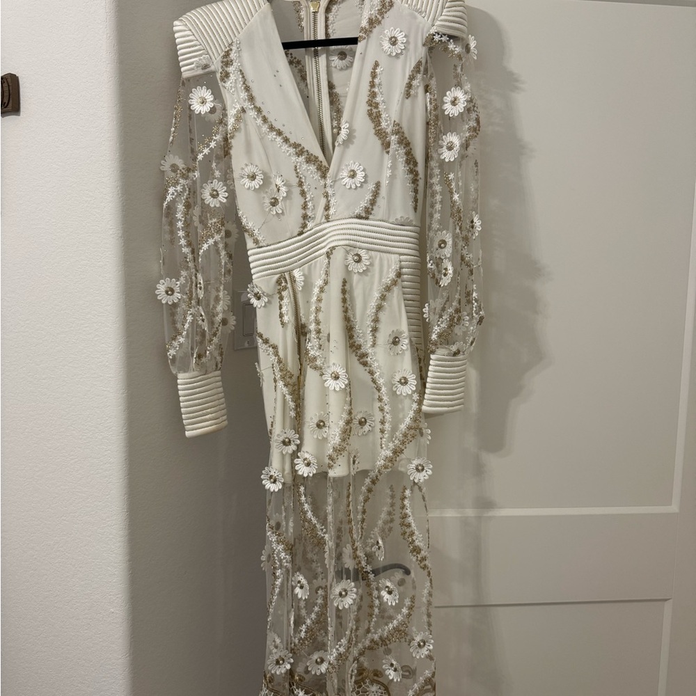 Zhivago White and Gold Floral Long Sleeve White Rabbit Dress